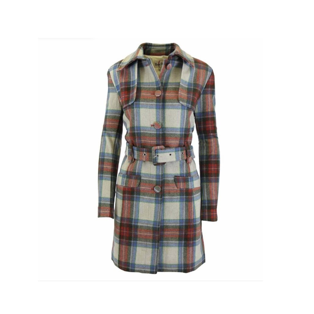 Women's Wool Plaid Trench Coats - Peach/Light Blue